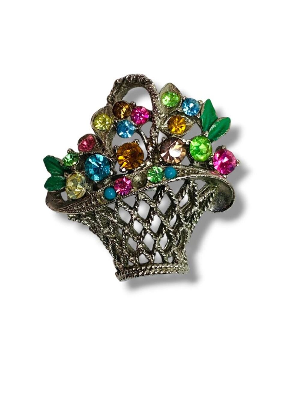 Vintage Easter Basket‎ Pin Brooch Silvertone Multicolor Floral 1.5"